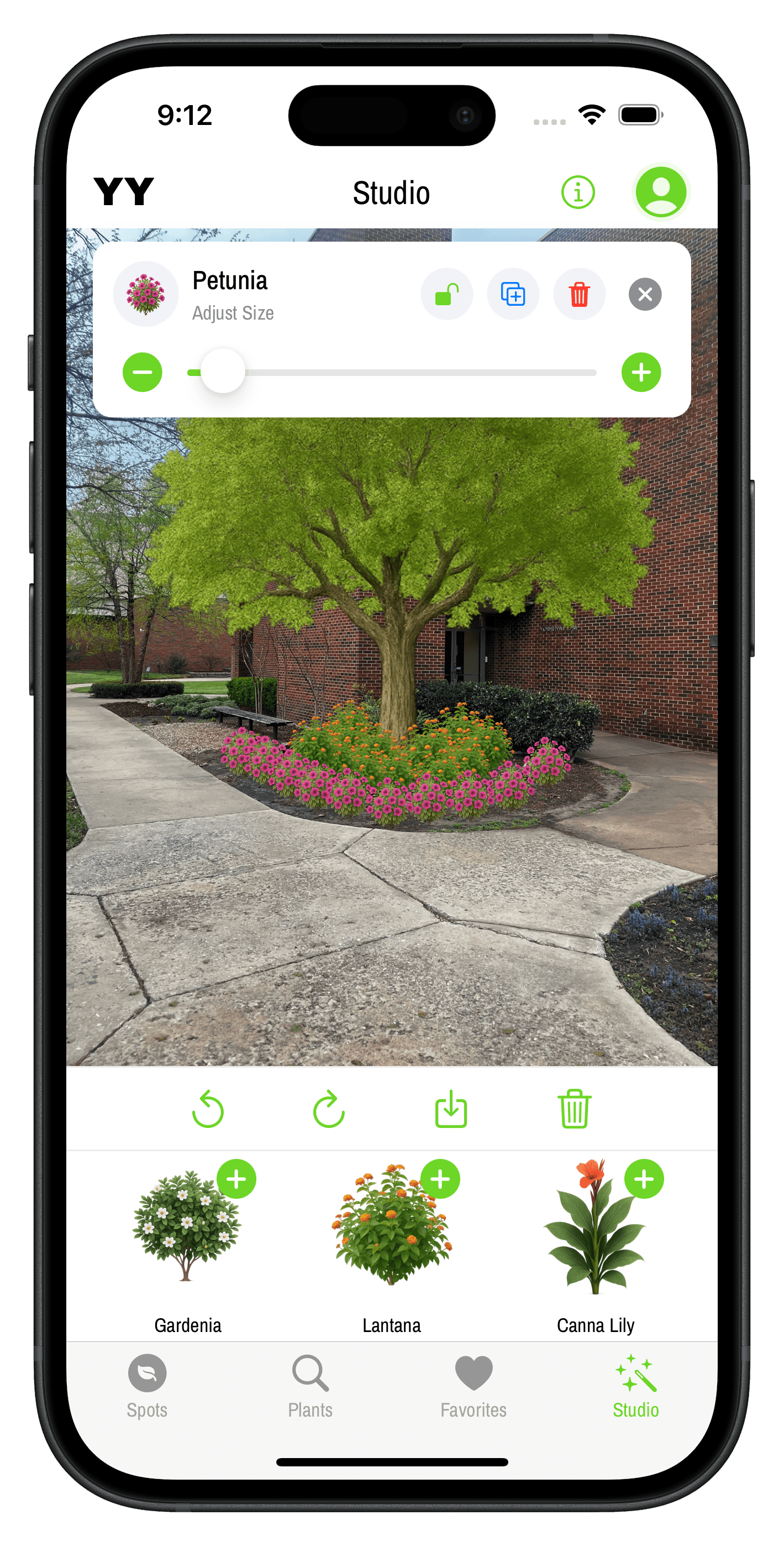 Your Yard AI iOS app showing plant suggestions for a sunny flowerbed